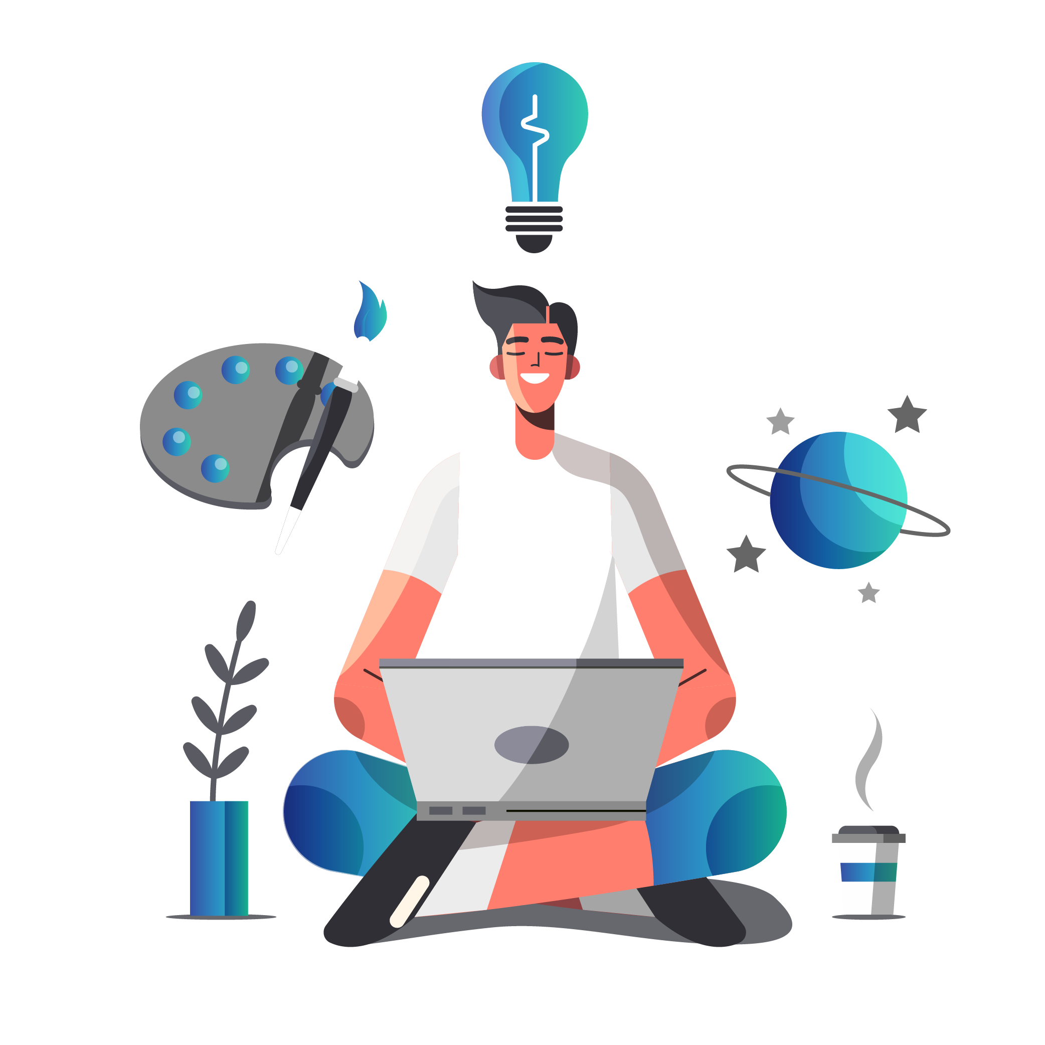 Design & Develop-01 a man sitting cross legged with a laptop and a light bulb above his head